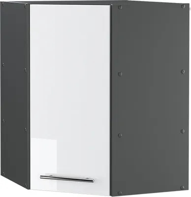 A corner wall cabinet with a white high-gloss door and gray sides.