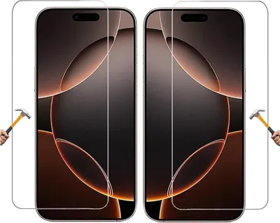 Two smartphone screen protectors are shown, with hands holding hammers to demonstrate their durability.