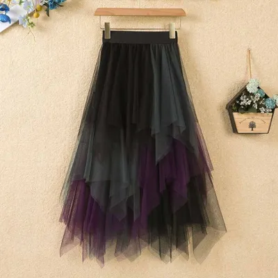 Image de ASKSA Jupe longue en tulle pour femme Jupon taille haute A-ligne Mi-longue Jupe pour Halloween Carnaval Fête,Noir Violet Vert,L