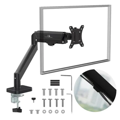 A black monitor mount with its accessories is displayed against a white background.