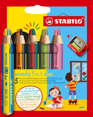 Obrázek produktu pro Pastelka, vodovka & voskovka v jednom - STABILO woody 3 in 1 duo - 882/05-2 - dvoubarevná tuha - 5 ks sada s ořezávatkem