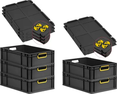 Produktbild von SuperSparSet 5x Eurobox NextGen Color mit Auflagedeckel und Schiebeschnappverschlüsse | HxBxT 17x40x60cm | 34 Liter | Schwarz | Griffe gelb offen | Eurobehälter, Transportbox, Transportbehälter, Stapelbehälter