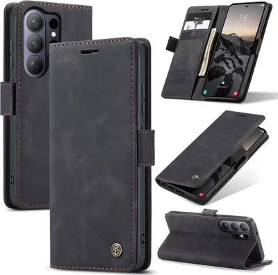 Produktbild von Hülle für Samsung Galaxy S26 Ultra Retro Kunstledertasche mit Standfunktion Schutzhülle Schwarz