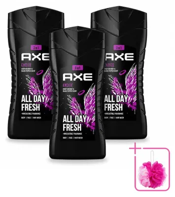 Imagen del producto de 3 unidades de gel de ducha 3 en 1 AXE Excite, aroma coco y pimienta negra, 250 ml cada uno, pack ahorro