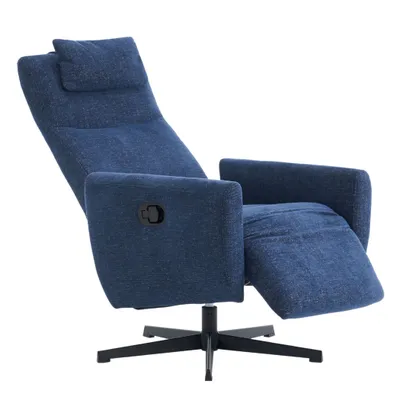 Produktbild von Fernsehsessel mit Fußstütze aus Chenille, 110°–150° neigbare Rückenlehne, 360° drehbares Metallgestell, ergonomisches Kopfkissen, bis 110 kg, Blau