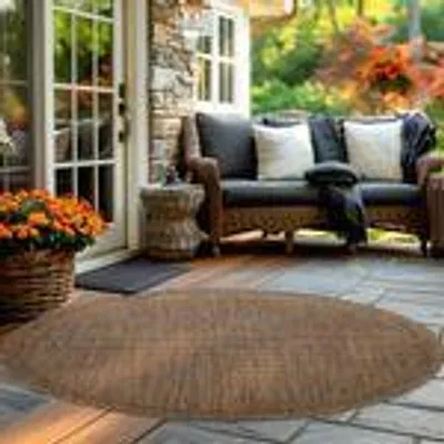 Produktbild von Outdoor Teppich Wetterfest, Pflegeleicht Stilvolles Modern Design, ideal für Terrasse, Balkon, Garten, Küche, Größe: 200 cm Rund, Farbe: Braun