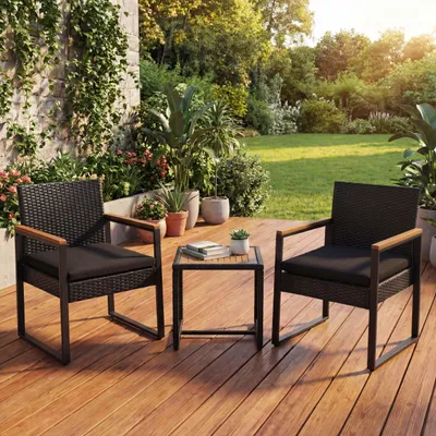 Immagine prodotto di Set in polyrattan HWC-P74, set da giardino 2x sedie tavolo, legno di acacia tessuto 180 g/m² ~ nero, imbottitura nera