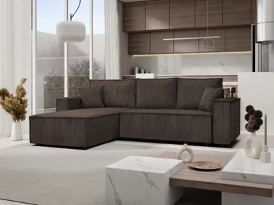 Produktbild von Ecksofa Passio L-Form mit Schlaffunktion Bettkasten Sofa Couch 275 cm Lieferung bis in die Wohnung universelle Ottomane Wohnlandschaft (Poso 06 - braun)
