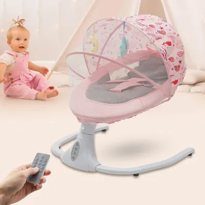 Obrázek produktu pro Elektrická dětská houpačka a kolébka – S-Y608 – Bluetooth hudba – Čtyři rychlosti – Dálkové ovládání – Do 20 kg – Kovový rám – Růžová