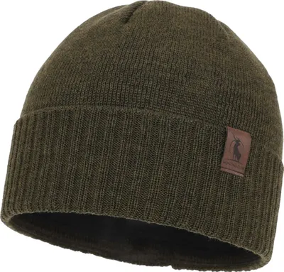 A close-up studio shot of a dark green knitted beanie with a brown leather patch logo on the side.