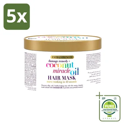Immagine prodotto di 5 maschere per capelli OGX Coconut Miracle Oil, per capelli danneggiati, 300 ml ciascuna, confezione da 5 pezzi
