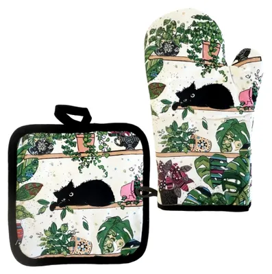 Produktbild von Topfhandschuh und Topflappen für die Küche – Katzenmotiv mit Pflanzen