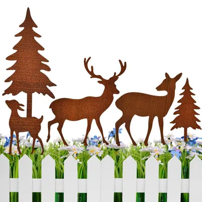 Produktbild von Gartenstecker Weihnachtsdeko 5 Stück Rostoptik Rehe Hirsche Tannen Weihnachten Outdoor Deko