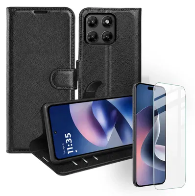 Productafbeelding van Beschermhoes set voor de Motorola Moto G37 / Power G47 5G: telefoonhoesje met portemonnee + gehard glas (9H)