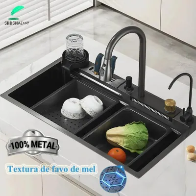 Produktbild von Küchenspüle 60x45 cm - Schürzenfront Einzelbecken - 304 Edelstahl - Auszieharmatur - Becherspüler, Seifenspender, Messerhalter - Gunmetal-Grau