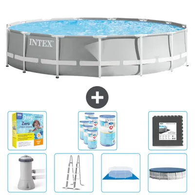 Produktbild von Intex Round Prism Frame Swimming Pool – 457 x 107 cm – Grau – inklusive Pumpe – Leiter – Bodenplane – Abdeckung Wartungspaket - Filter - Bodenfliesen
