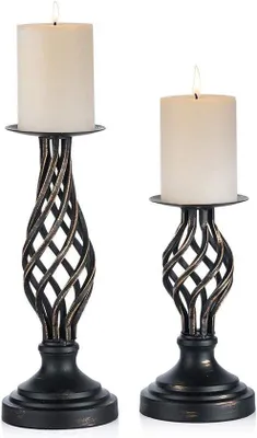 Image de Lot de bougeoirs de style gothique - 2 pièces - 22 cm + 29 cm - Métal vieilli - Noir - Décoration de salon - Décoration de fête