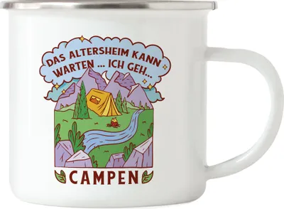 Produktbild von Altersheim kann warten Ich geh campen Emaille Tasse Camping Opa Oma Wohnwagen Wohnmobil Zelten Geschenkidee