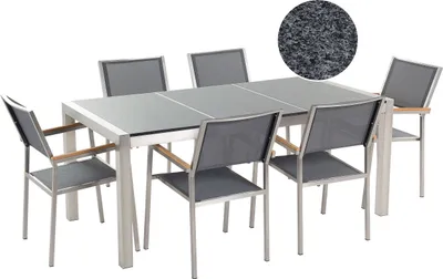 Zdjęcie produktu dla BELIANI Zestaw mebli ogrodowych jadalniany szary stół granitowy polerowany 180 x 90 cm 6 krzeseł szarych tekstylnych sztaplowanych
