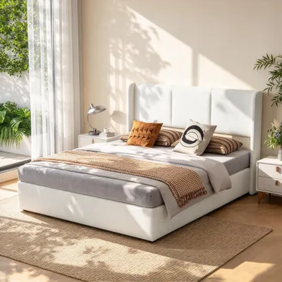 Obrázek produktu pro Postel s pružinovou základnou INONEFT, čalouněná, rozměry 140x190 cm, s úložným prostorem, hydraulický úložný prostor, rošt, vhodná jako postel pro mládež nebo dvojlůžko, barva: béžová, materiál: len