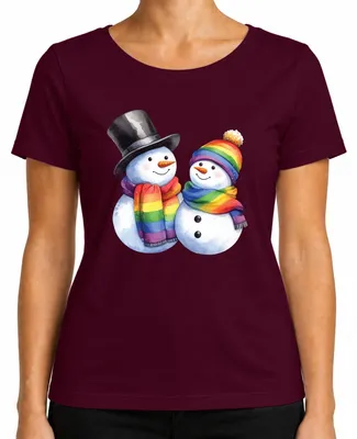 Produktbild von LGBTQ Schneemänner Regenbogen Pride Winter Weihnachten Queer CSD Damen T-Shirt, Burgundy, S