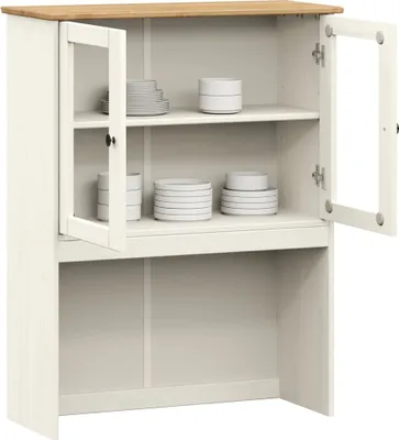 An open white cabinet with a wooden top, displaying stacks of white plates and bowls on shelves.