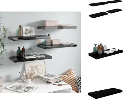 Produktbild von vidaXL Schweberegale 4 Stk. Hochglanz-Schwarz 60x23,5x3,8 cm MDF -  Wandregale