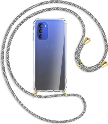 Produktbild von Handykette Backcover-Schutzhülle mit Band (Metall goldfarben) für Motorola Moto G51 5G - weiß/grau kariert