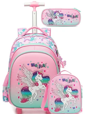 Produktbild von Rollrucksack mit Rädern für Mädchen, Mint, 3-teiliges Set, Einhorn-Design