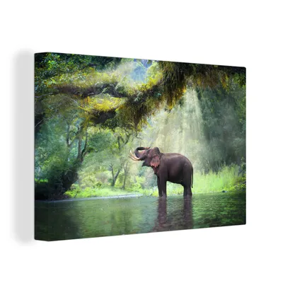 Produktbild von OneMillionCanvasses® - Leinwandbilder - 150x100 cm, Dschungel - Elefant - Wasser, Wandbilder Kunstdruck Wanddekoration