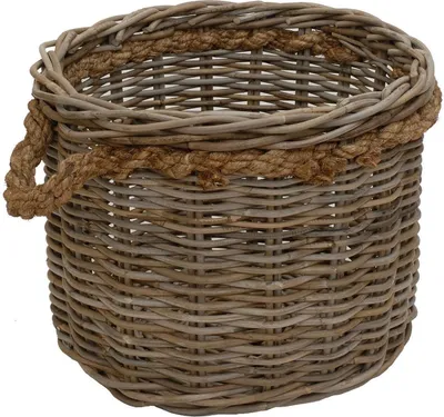 Produktbild von KRINES HOME Großer Pflanzkorb Holzkorb rund Grau Natur Rattan mit Seilrand / Übertopf aus Rattan (XL Ø55cm)