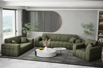Produktbild von Sofaset Designersofa NANCY 3-2-1 in Stoff Perfekt Harmony Olivgrün