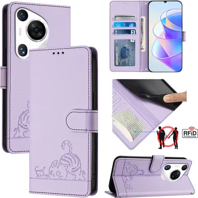 Produktbild von Leder Hülle für Huawei Pura 70 Pro Süße Katze Flip Case Brieftasche Schutzhülle mit Standfunktion Lila