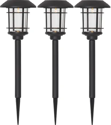 Three black solar pathway lights are shown against a white background.