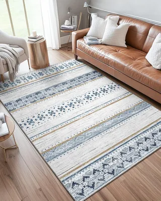 Obrázek produktu pro Koberec, 90 x 150 cm, s krátkým vlasem, protiskluzový, barva tyrkysová a hnědá, vhodný do obývacího pokoje