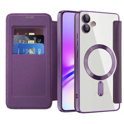 Produktbild von Klapphülle für Samsung Galaxy A05 Kompatibel mit Magsafe, Klar Überzug Kartenhalter Ledertasche mit Kameraschutz Lila