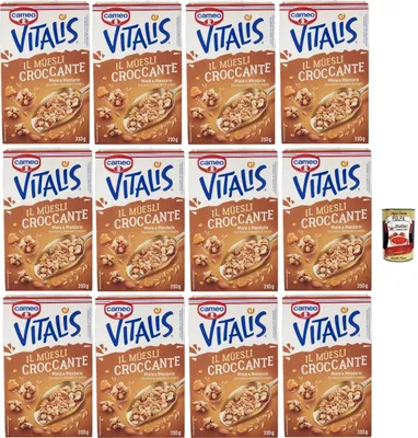 Produktbild von Cameo Vitalis Miele e Mandorle, Müsli knusprige getrocknete Honig und Mandeln Hafer Mandeln Anacardi Haselnüsse und Pekannusswalnüsse, 12x 310 g + Italian Gourmet polpa 400g