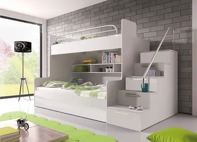 Produktbild von Etagenbett TOMI 2 , Doppelstockbett Hochglanz Kinderbett Hochbett , MIT Matratze und Lattenrost (Weiss / Weiss, Treppenseite: RECHTS )