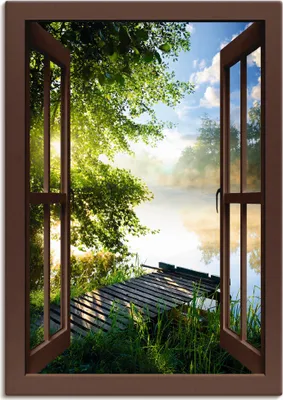 Produktbild von ARTland Leinwandbild Fensterblick Angelsteg am Fluss, braun Größe: 70x100 cm