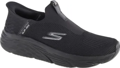 A black Skechers slip-in shoe is shown from a side angle against a white background.