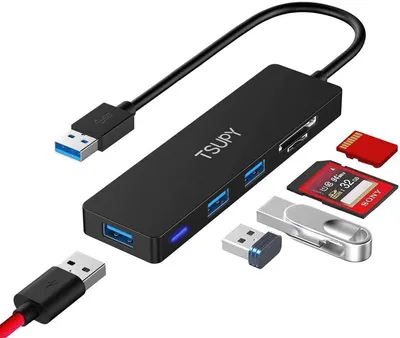 Productafbeelding van TSUPY USB-3.0 hub, multiport splitter, met 5 USB-poorten en een micro-SD-kaartlezer