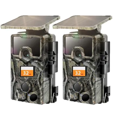 Image de 2 pièces 4K 48MP solaire caméra pour animaux sauvages avec carte de 32 Go 0,2 secondes de déclenchement caméra pour animaux sauvages avec vision nocturne détecteur de mouvement Pas de WLAN IP66