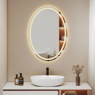 Immagine prodotto di EMKE specchio da bagno 60x80 cm specchio da bagno con 3 colori di luce, specchio da bagno senza nebbia + dimmerabile + interruttore a sfioramento specchio ovale a LED