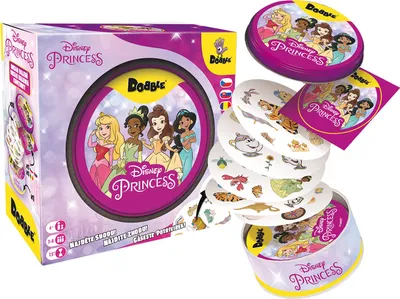 A product shot of a Disney Princess Dobble game box and its components.