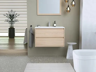 Produktbild von Waschbeckenunterschrank hängend mit Einbauwaschbecken & Spiegel - 80 cm - Eichenholzfurnier - MILIPAM
