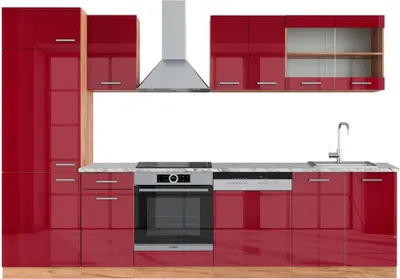 Produktbild von Küchenzeile Vicco R-Line Rot Hochglanz/Goldkraft Eiche 300 cm , AP Marmor, Model 42897