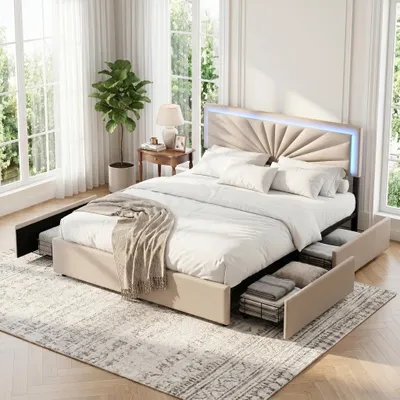Produktbild von INONEFT Polsterbett 160 x 200 cm mit LED, Doppelbett mit 4 Schubladen und Lattenrost, mit höhenverstellbarem Kopfteil, Leinen, Beige