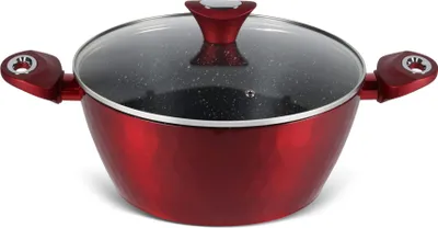 A red pot with a glass lid and red handles is shown against a white background.