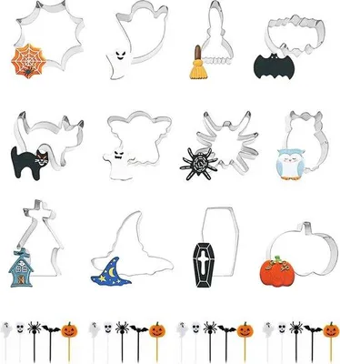 Obrázek produktu pro Halloweenská dekorace, sada 12 kusů, vykrajovátka na cukroví: kočka, duch, upír, čarodějnice, z nerezové oceli.