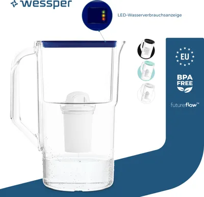 Immagine prodotto di Caraffa filtrante Wessper da 2,8 litri con contatore a LED Caraffa filtrante Classic compatibile con il filtro Brita Classic -blu| 1x filtro incluso
